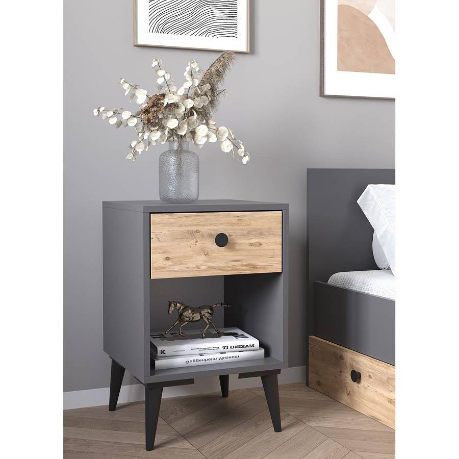 Κομοδίνο ArteLibre AMARI Ανθρακί/Δρυς Μοριοσανίδα 43x43x67.5cm