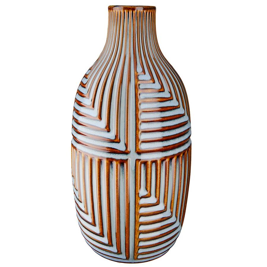 Βάζο Batista Ριγέ Κεραμικό Μπλε/Καφέ 28x14cm