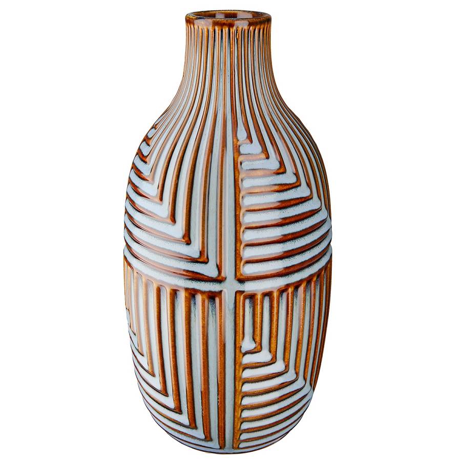 Βάζο Batista Ριγέ Κεραμικό Μπλε/Καφέ 28x14cm