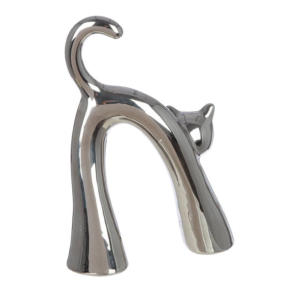 Φιγούρα Γάτα Kara Κεραμικό Ασημί/Λευκό 2Τμχ 5x16x22cm